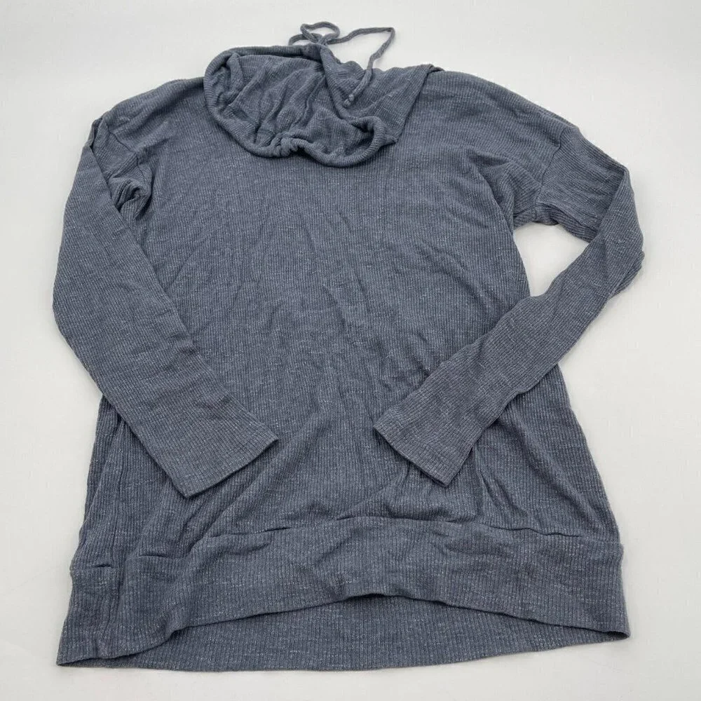 Bobeau Top XS Womens Gray Blue Lightweight Hooded Knit Casual Drawstring Stretch
